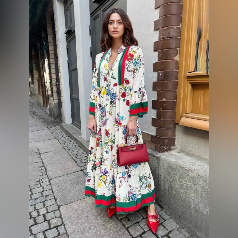 LikeMyChoice Resort Floral Print Bell Sleeve Maxi Dress ❤️💚🤍